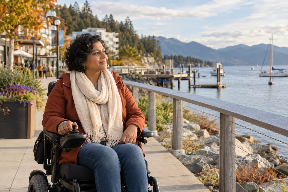 A woman using a wheelchair along a waterfront path.