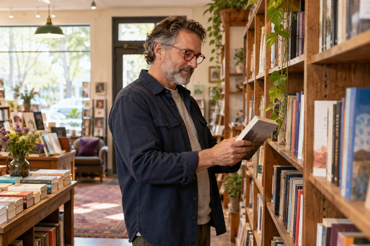 A man browsing books in a neighbourhood bookshop.