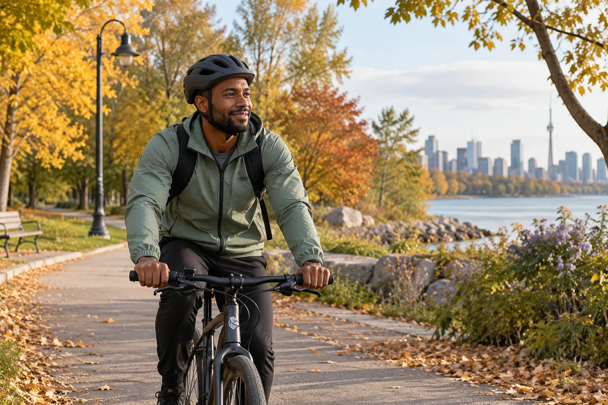 A man cycling along a leafy park path.