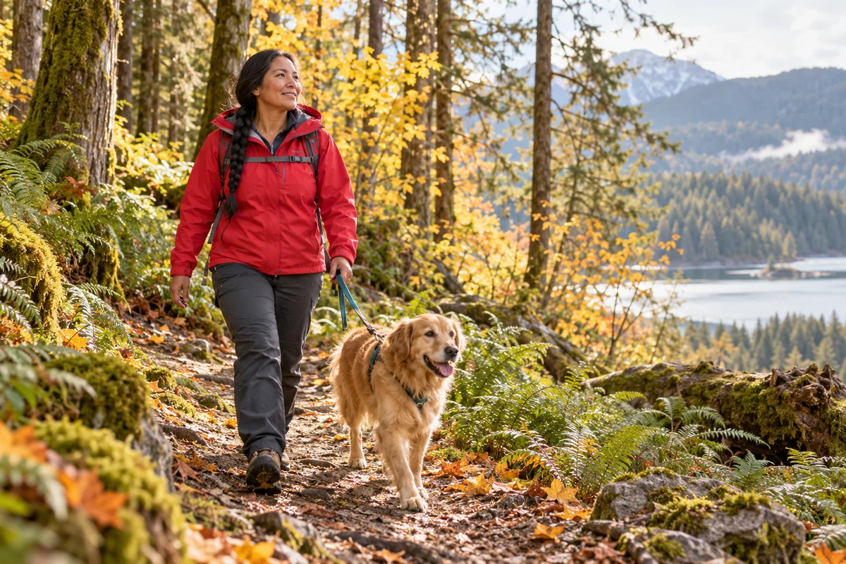 A woman walking her dog on a woodland trail.