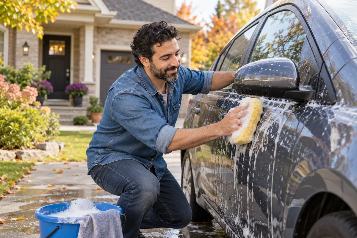 A man washing his car in a suburban driveway.