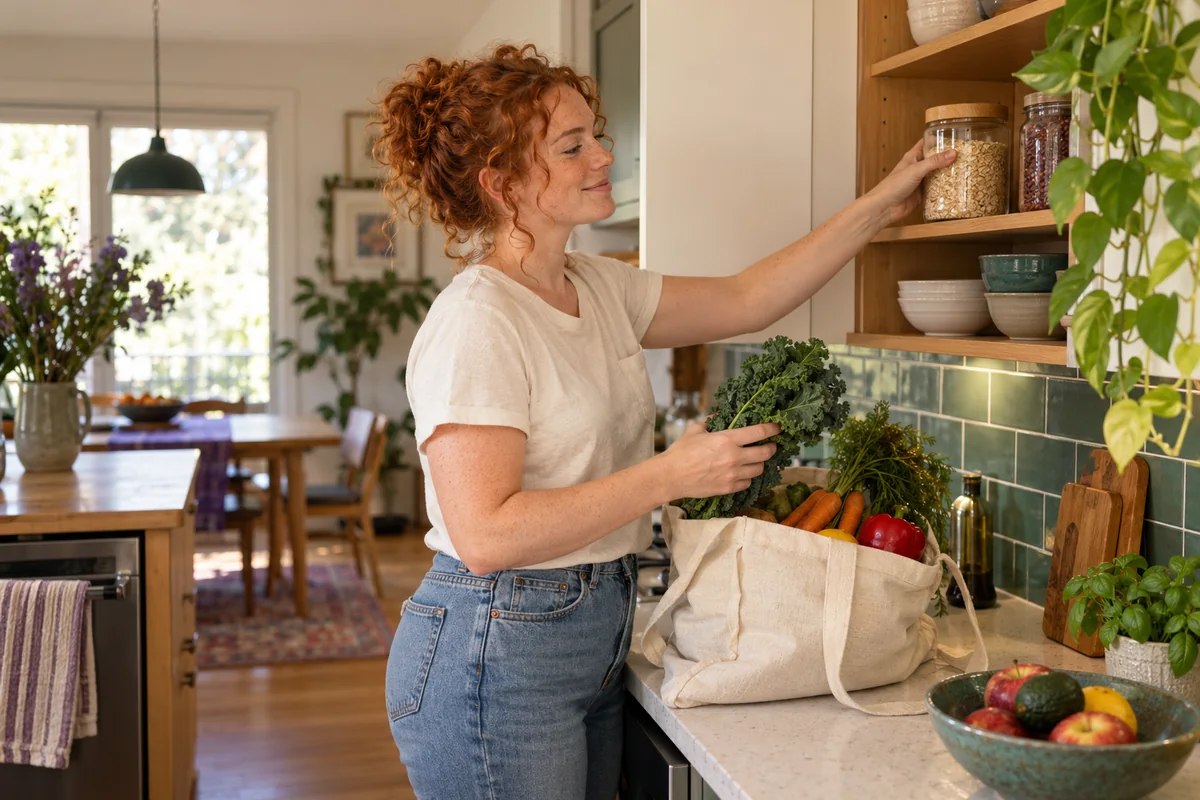 A woman putting groceries away in her kitchen.