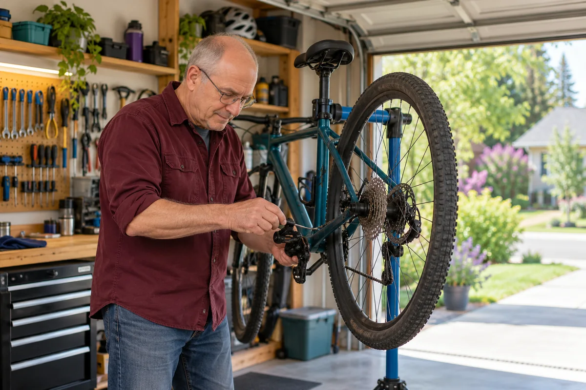 A man repairing a bicycle in his garage.