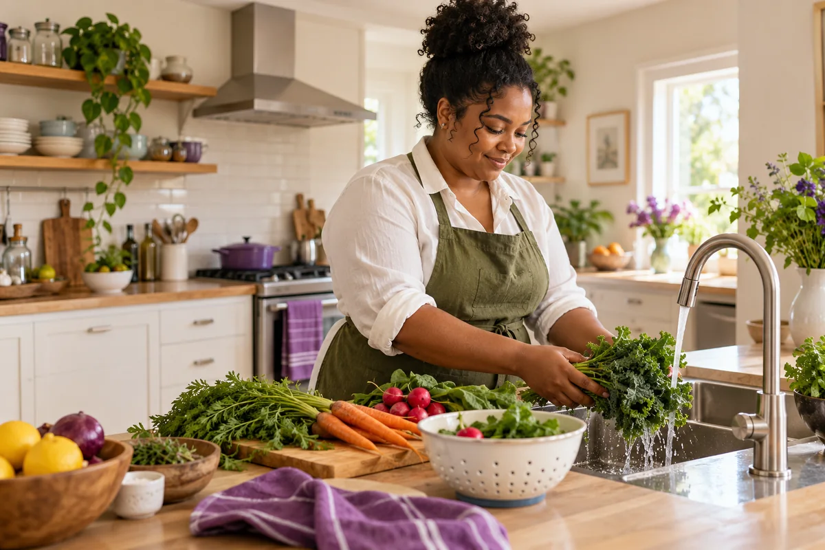 A woman preparing vegetables at a kitchen counter.