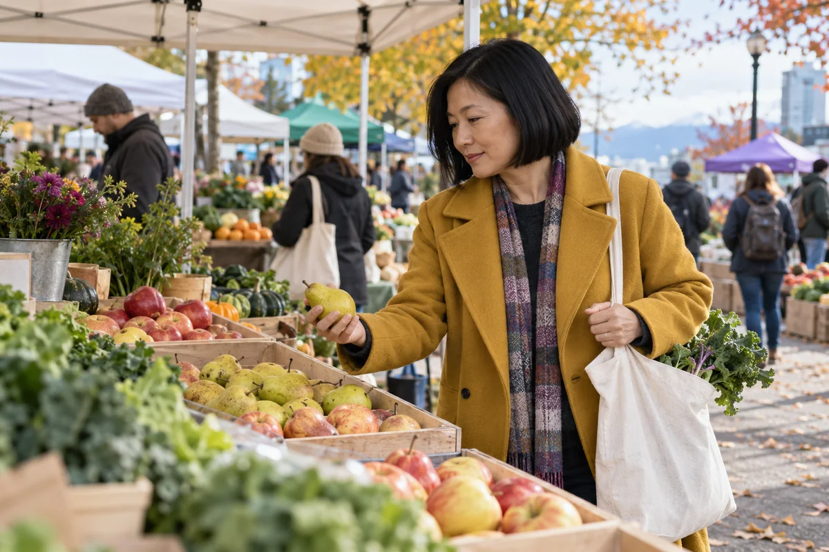 A woman choosing produce at an outdoor market.