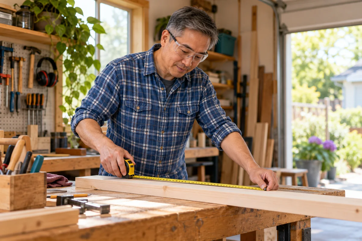 A man measuring timber at a home workbench.