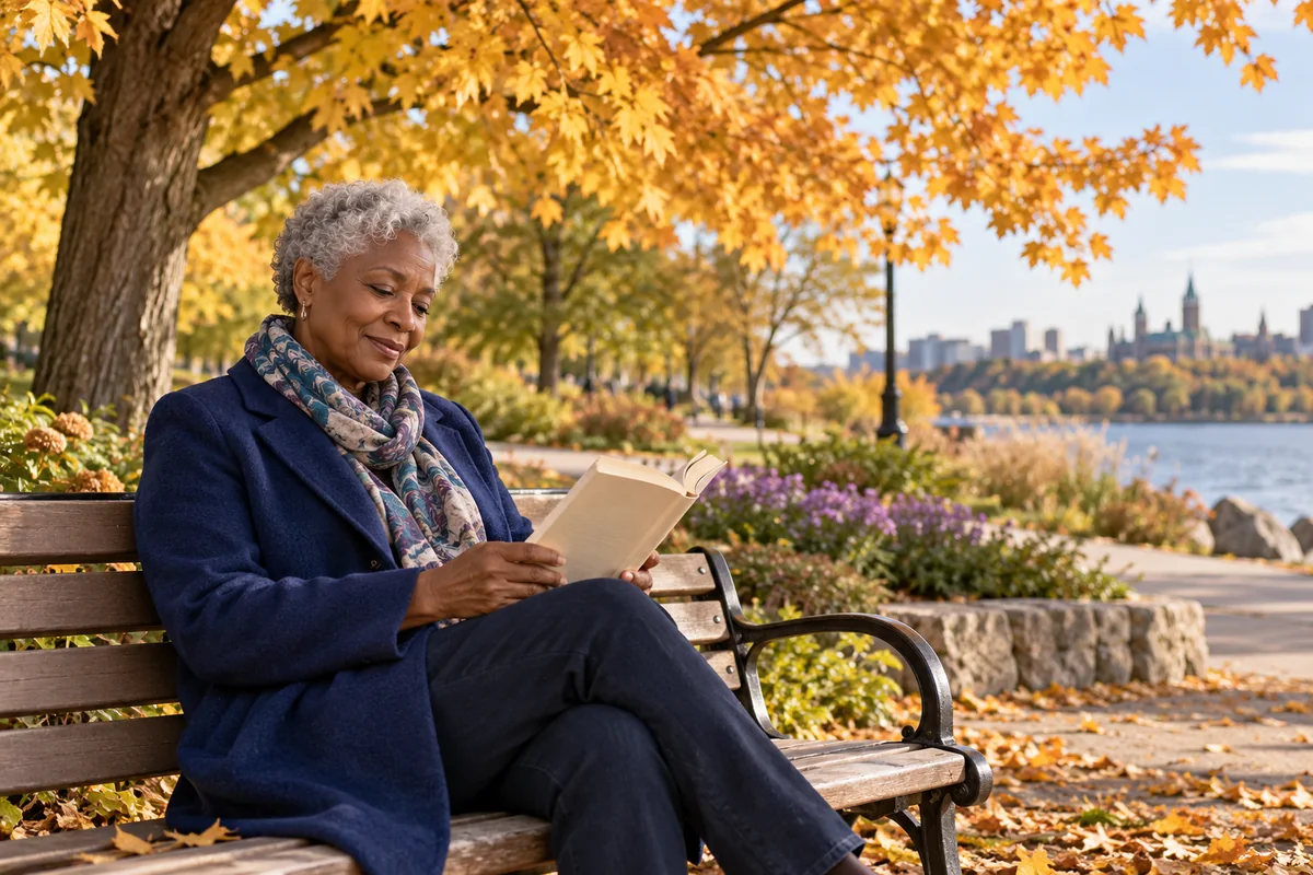 A woman relaxing with a book on a park bench.