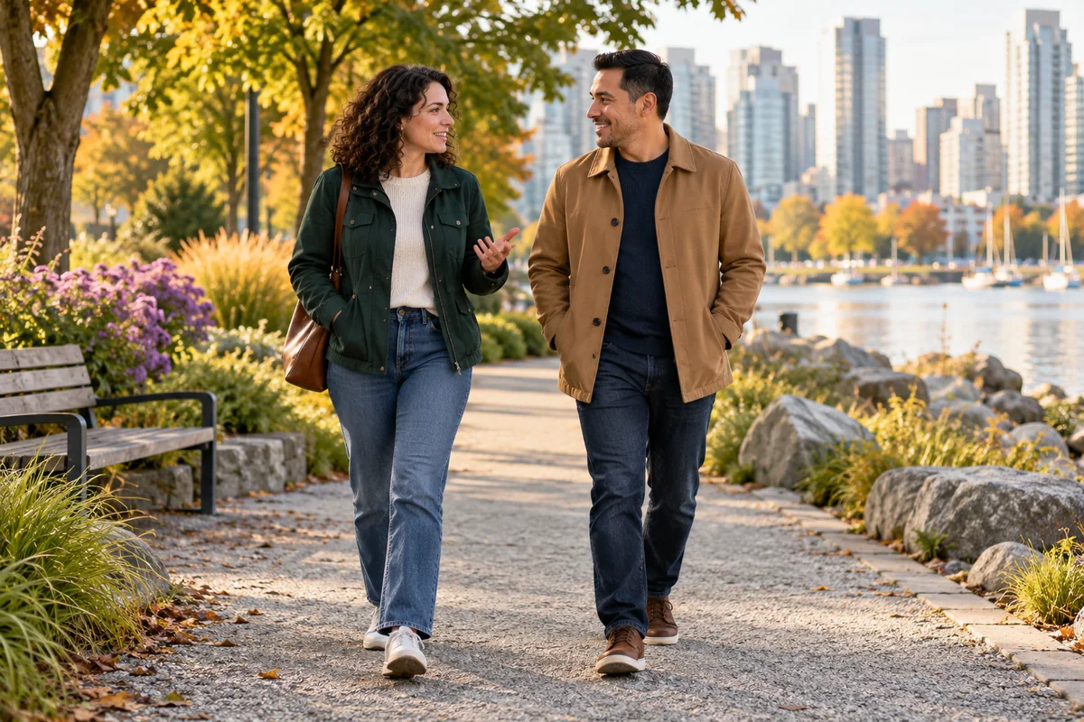 Two friends talking while walking through a park.