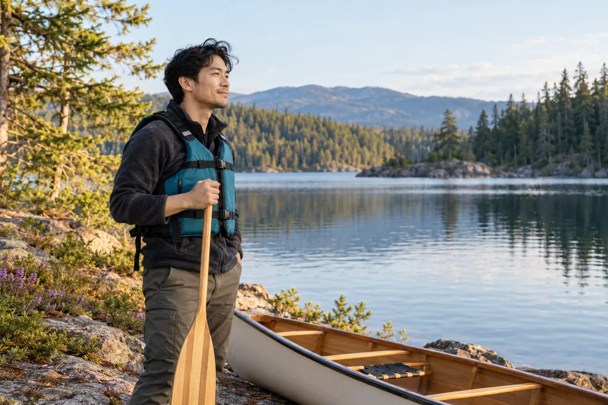 A man getting ready for a paddle at a lakeshore.
