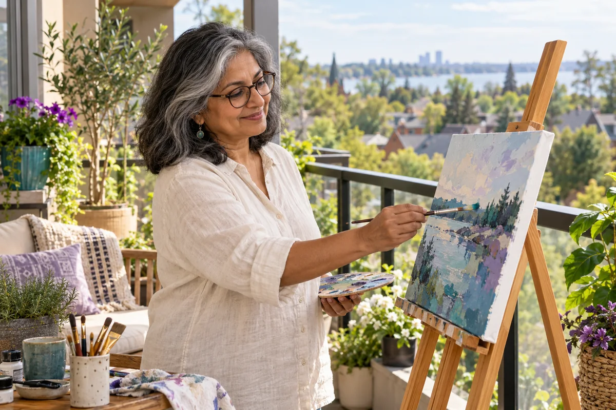 A woman painting at an easel on a covered balcony.