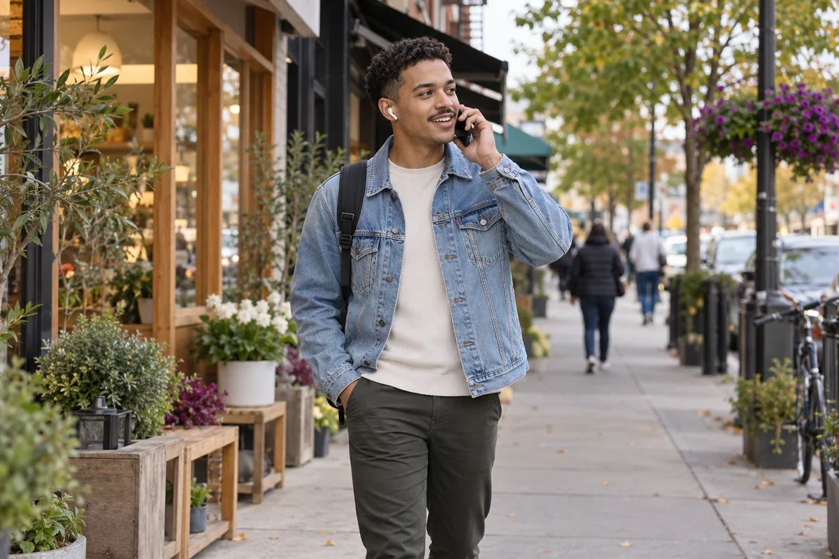 A young man talking on his phone while walking in the city.