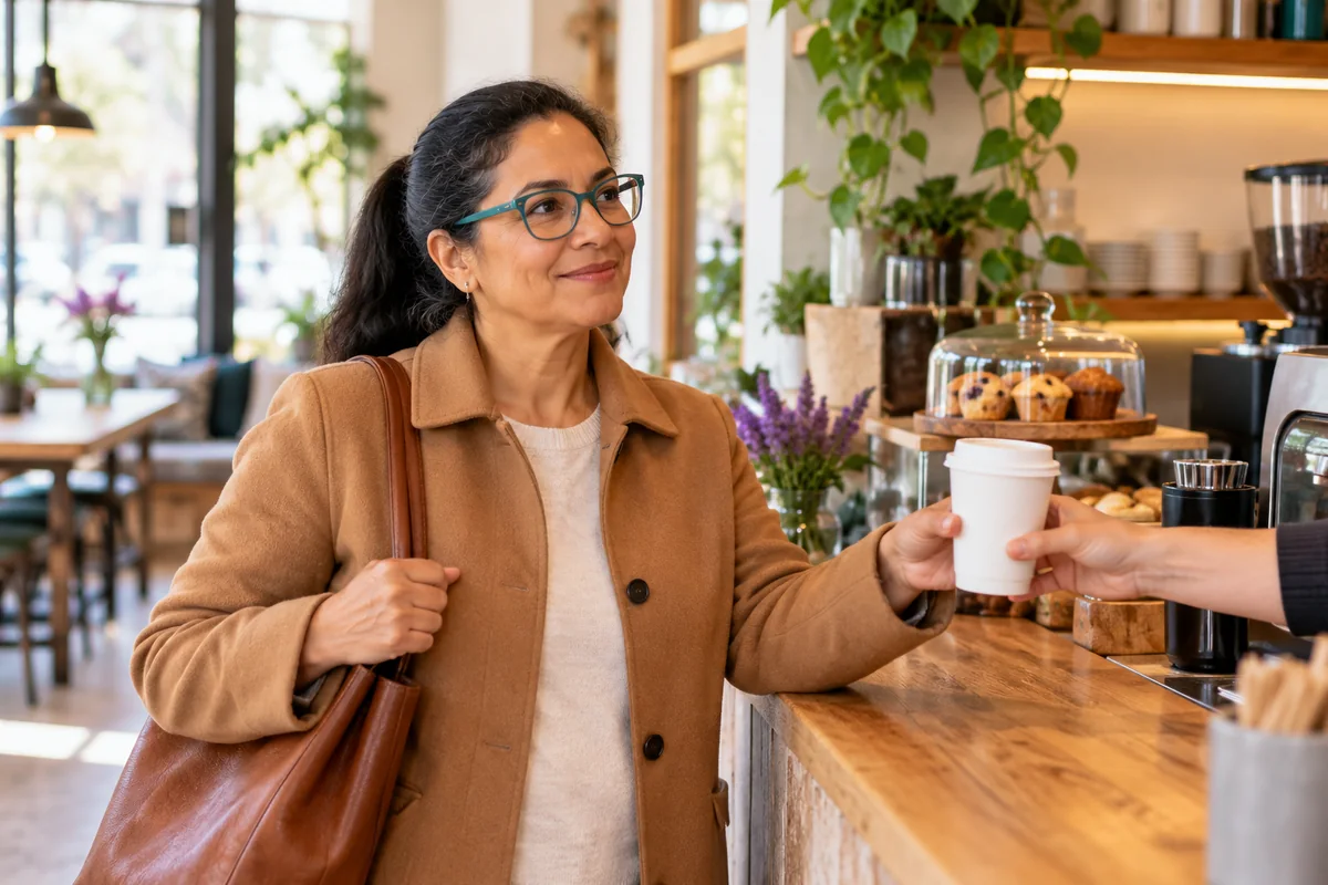 A woman collecting a takeaway tea at a neighbourhood cafe.