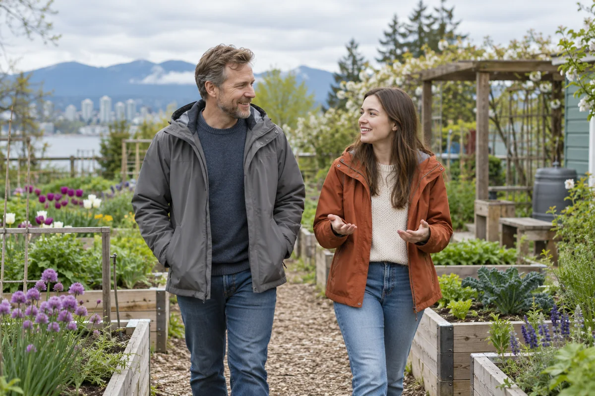 A father and adult daughter strolling through a community garden.
