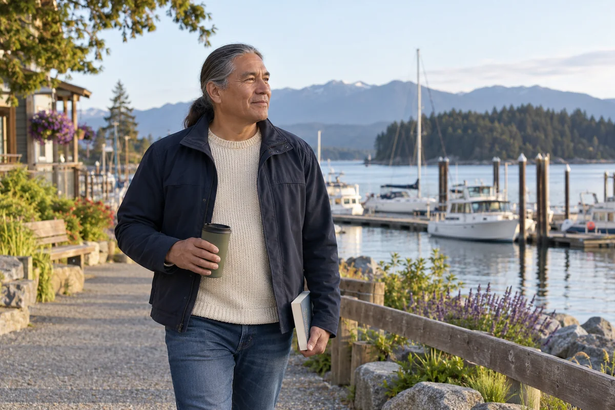 A man enjoying a walk beside a marina.