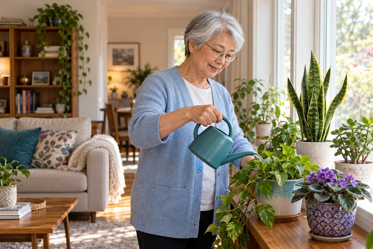 A woman watering houseplants beside a bright window.