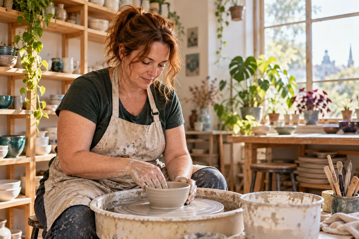 A woman shaping clay at a pottery wheel.