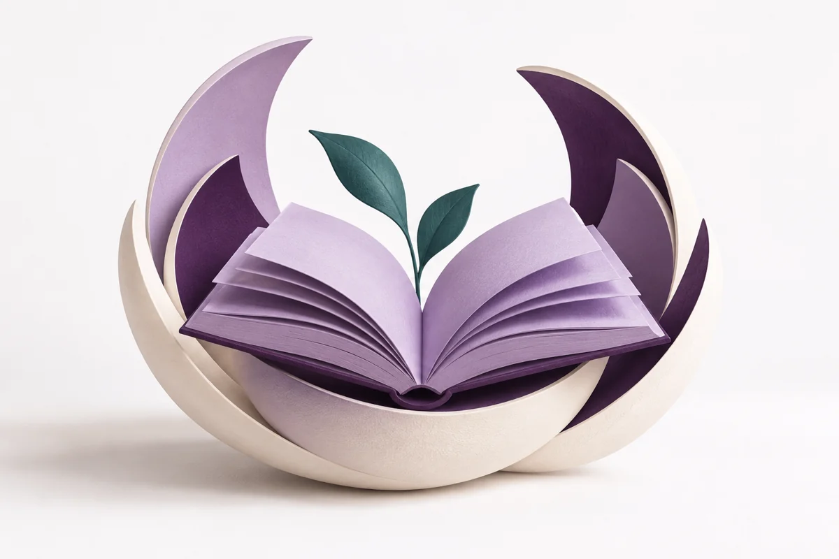 An open lavender book surrounded by curved paper forms and a teal leaf.