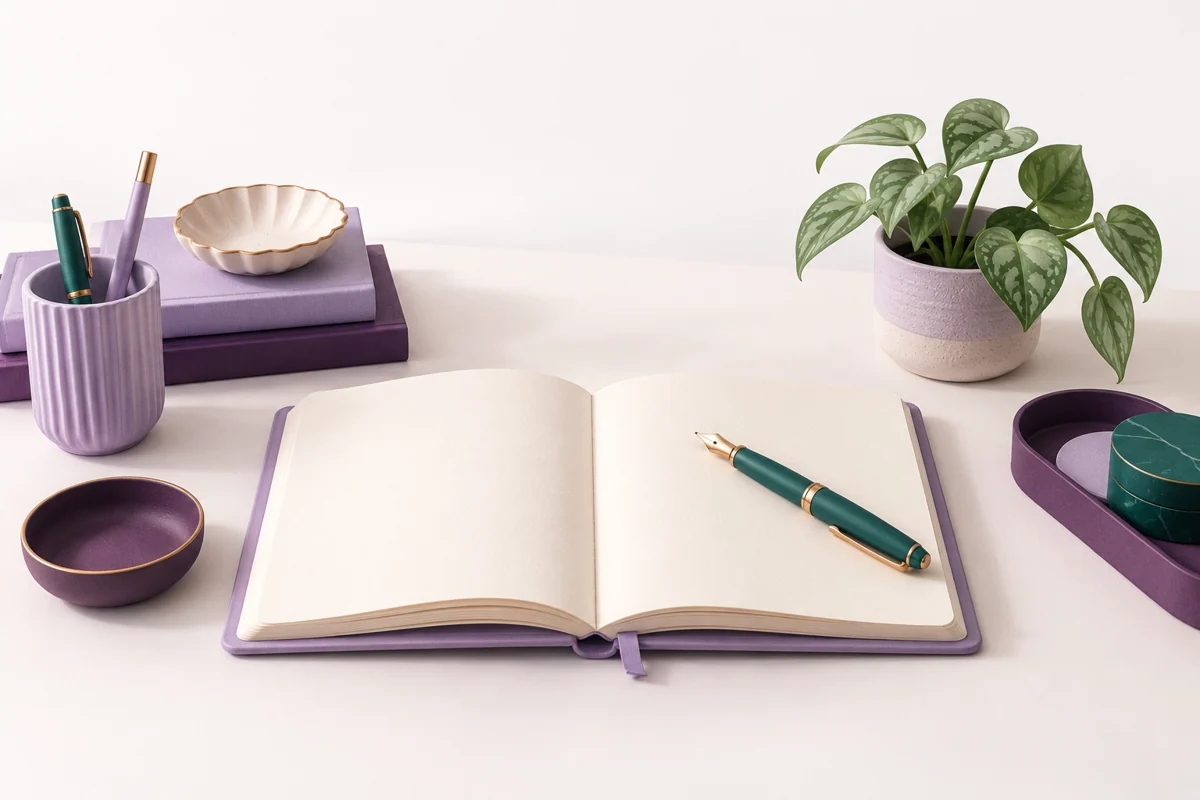 A lavender writing desk with a blank notebook and teal fountain pen.