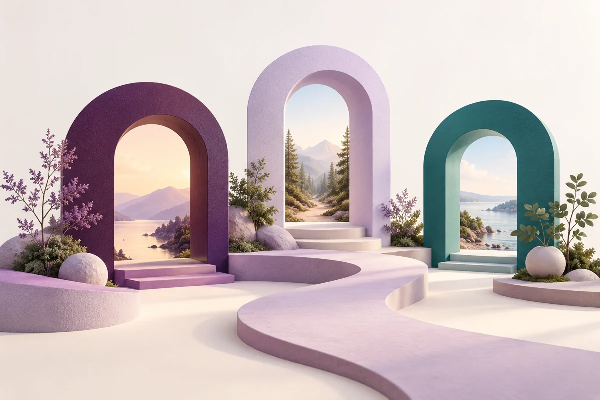 Three rounded purple and teal doorways opening onto different landscapes.