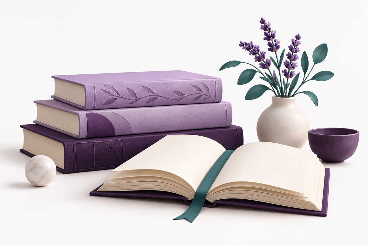 A small collection of purple books with an open cream book and teal bookmark.