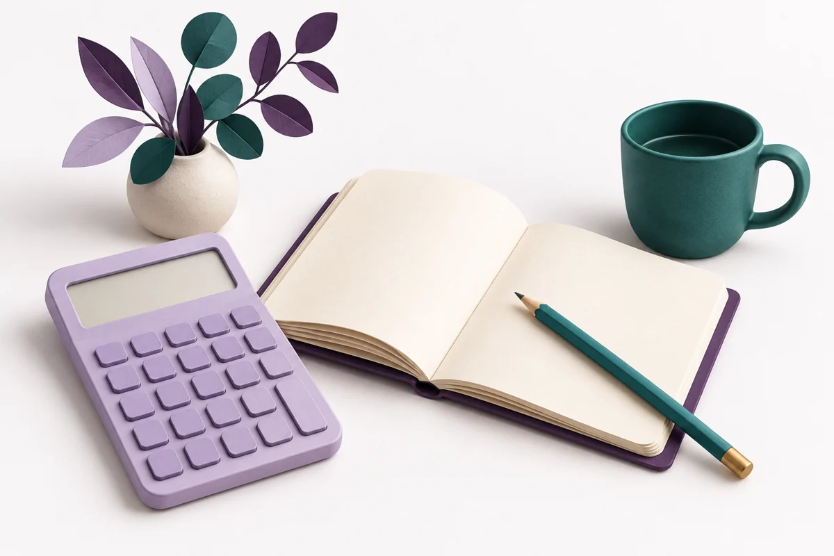 A lavender calculator with an open cream notebook and teal pencil.