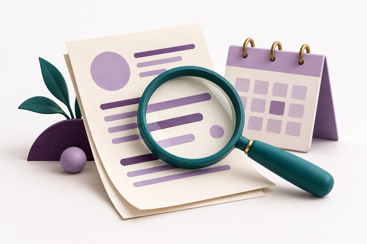A teal magnifying glass over a cream report beside a lavender calendar.