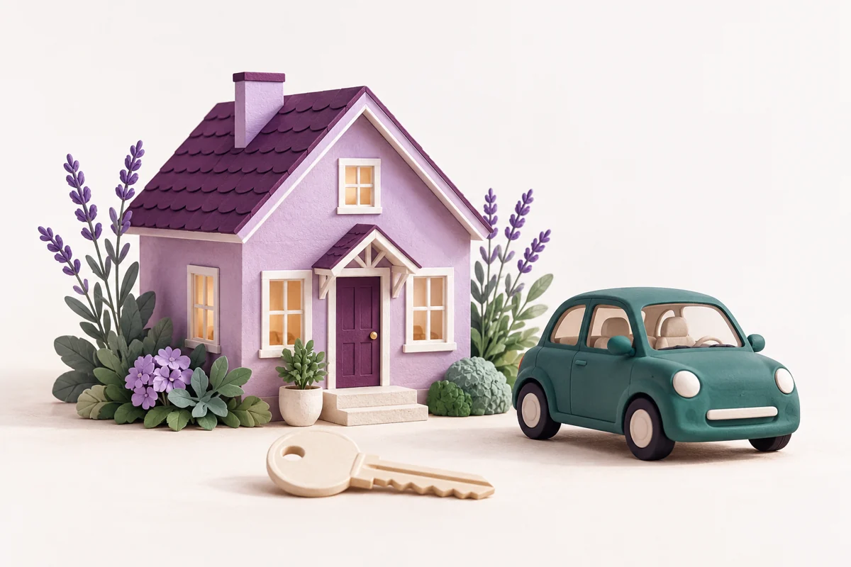 A lavender model house and teal car with a cream key.