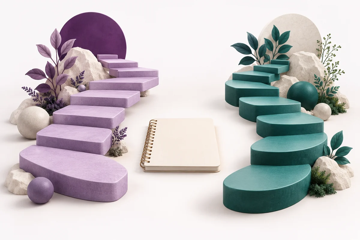 Lavender and teal pathways beside a blank cream notebook.