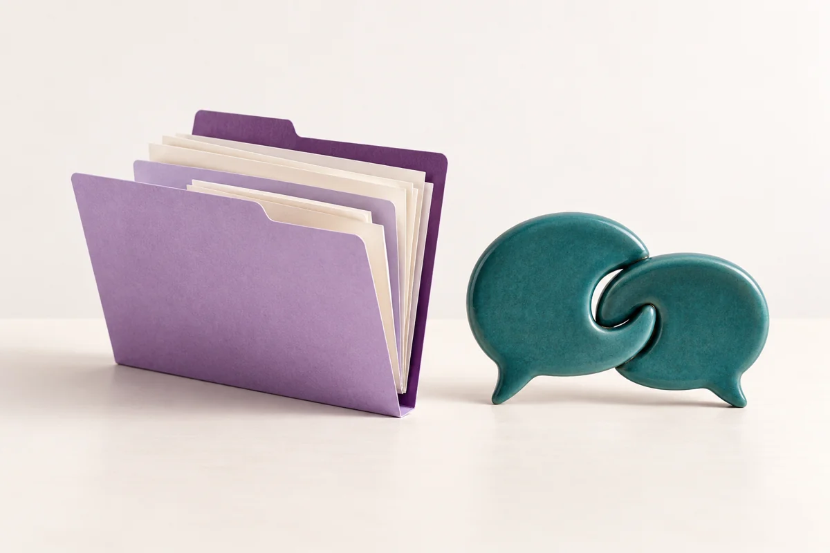 A lavender document folder beside two teal conversation bubbles.