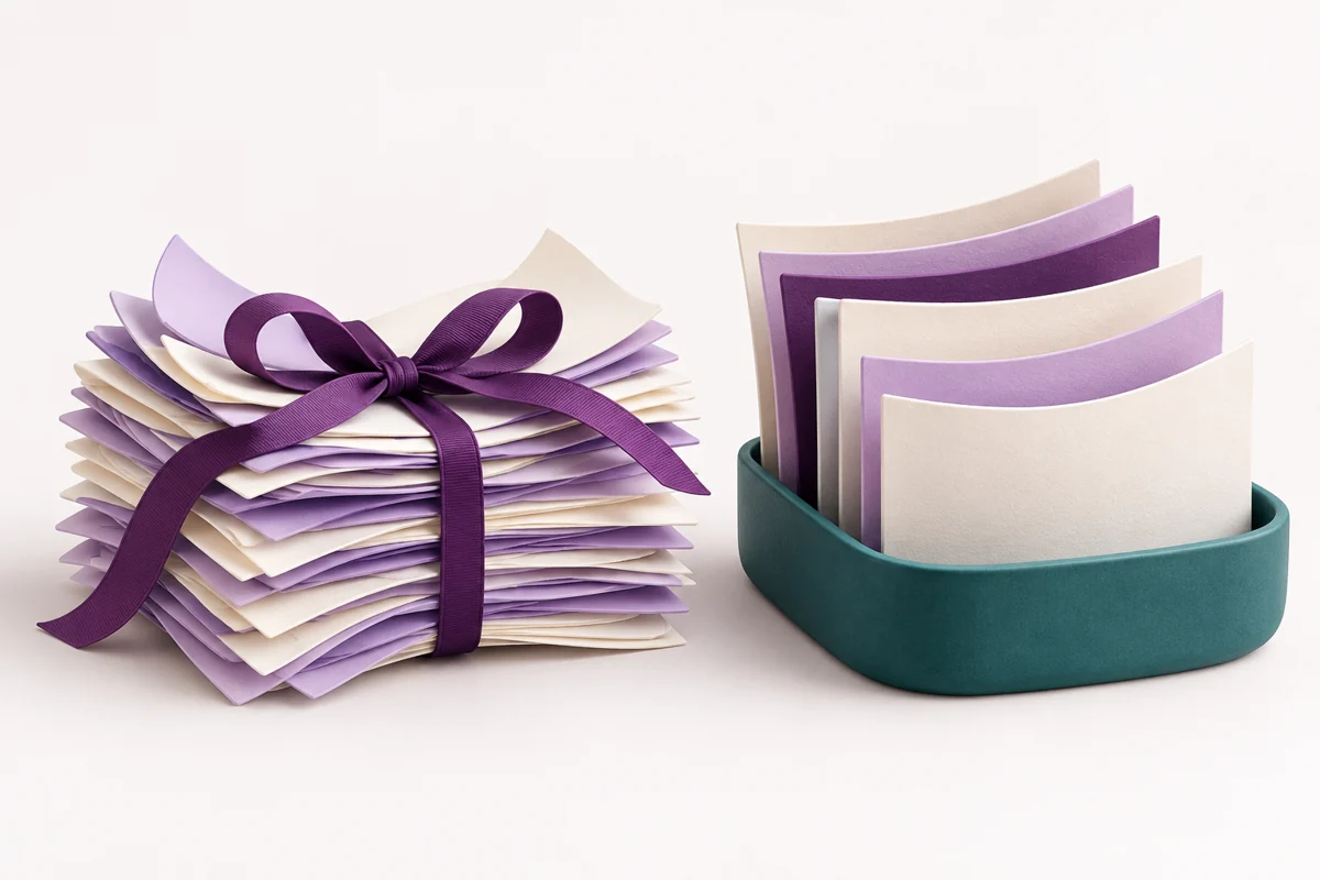 Paper sheets tied with a purple ribbon beside documents in a teal tray.