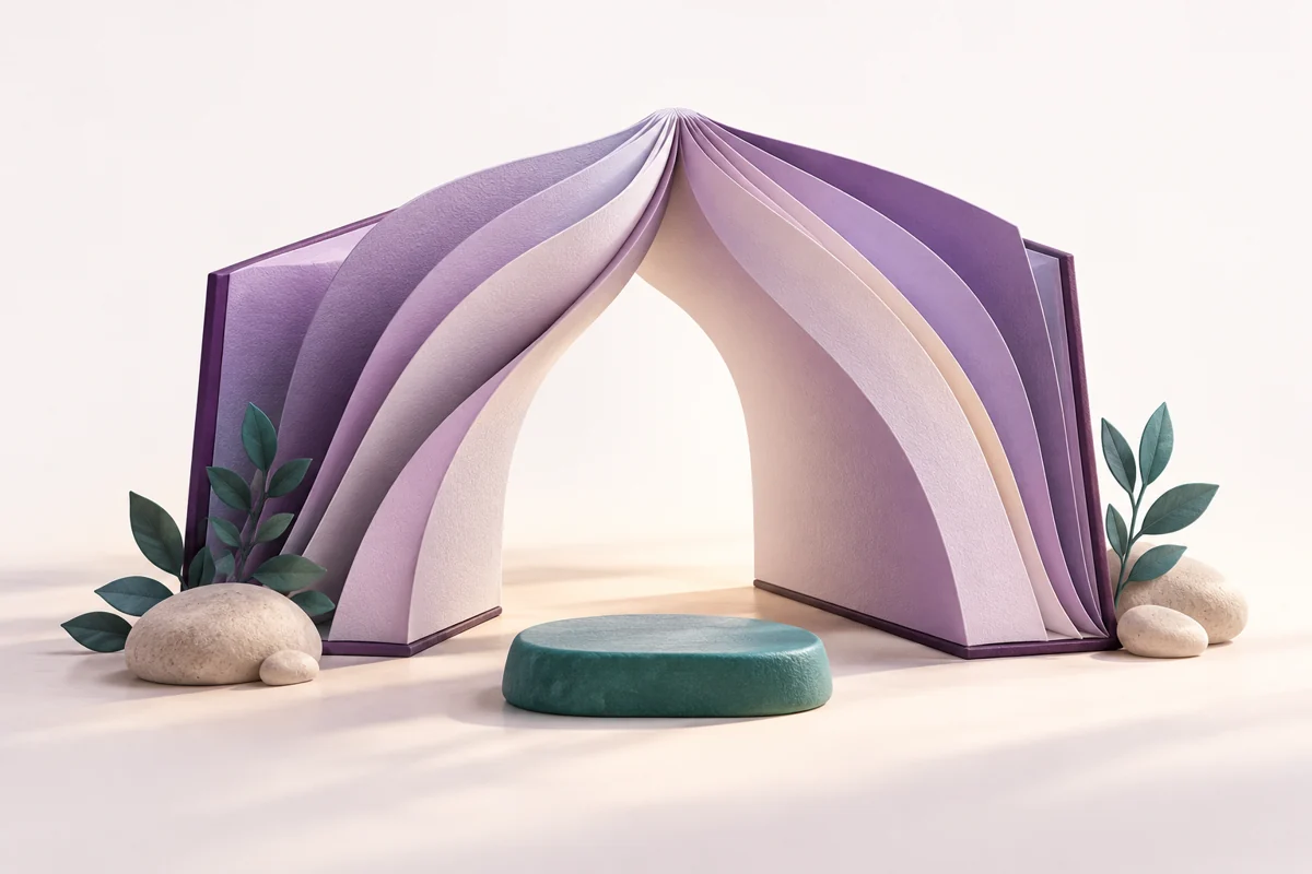 An open purple book forming an arch, with a teal stepping stone.