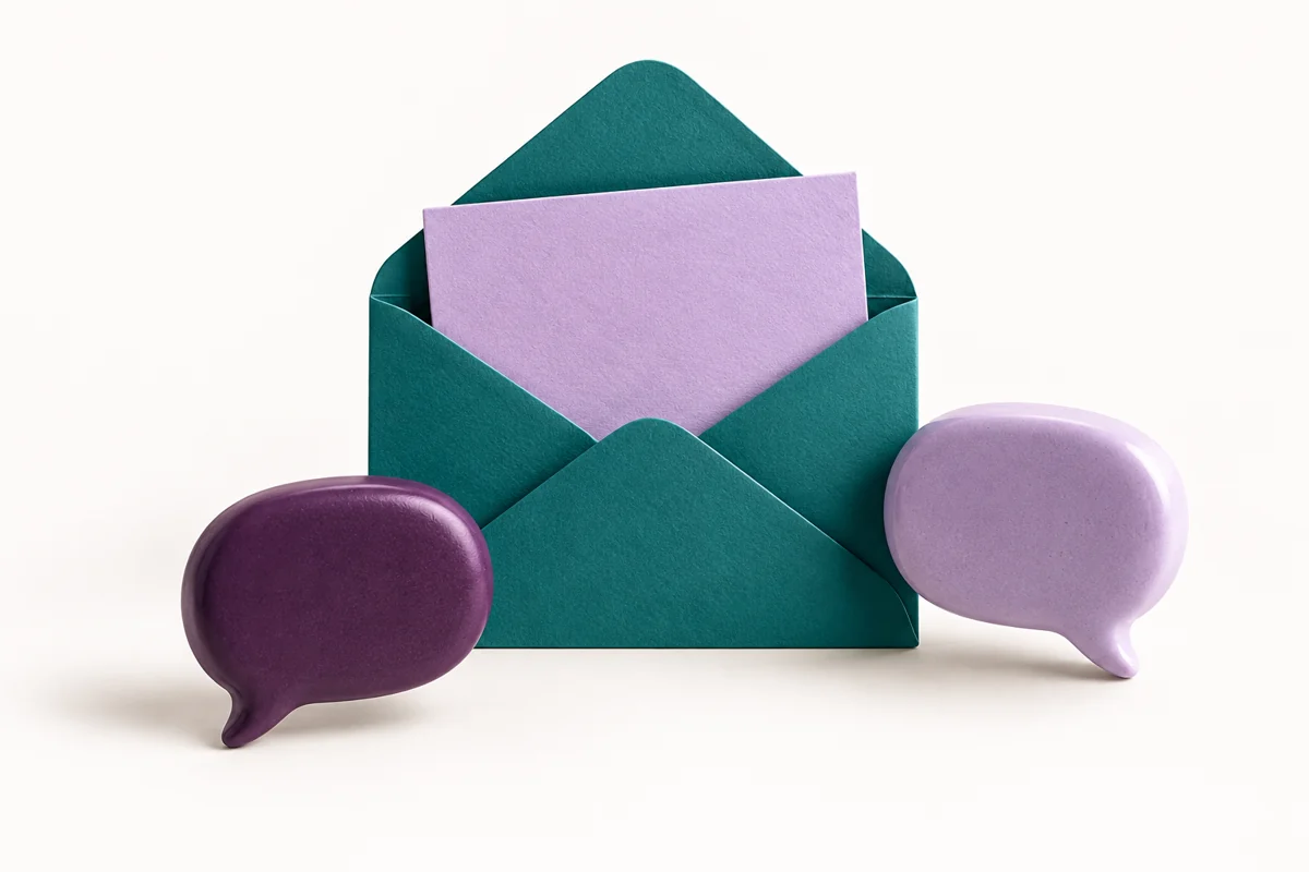 An open teal envelope with a lavender note and ceramic conversation bubbles.