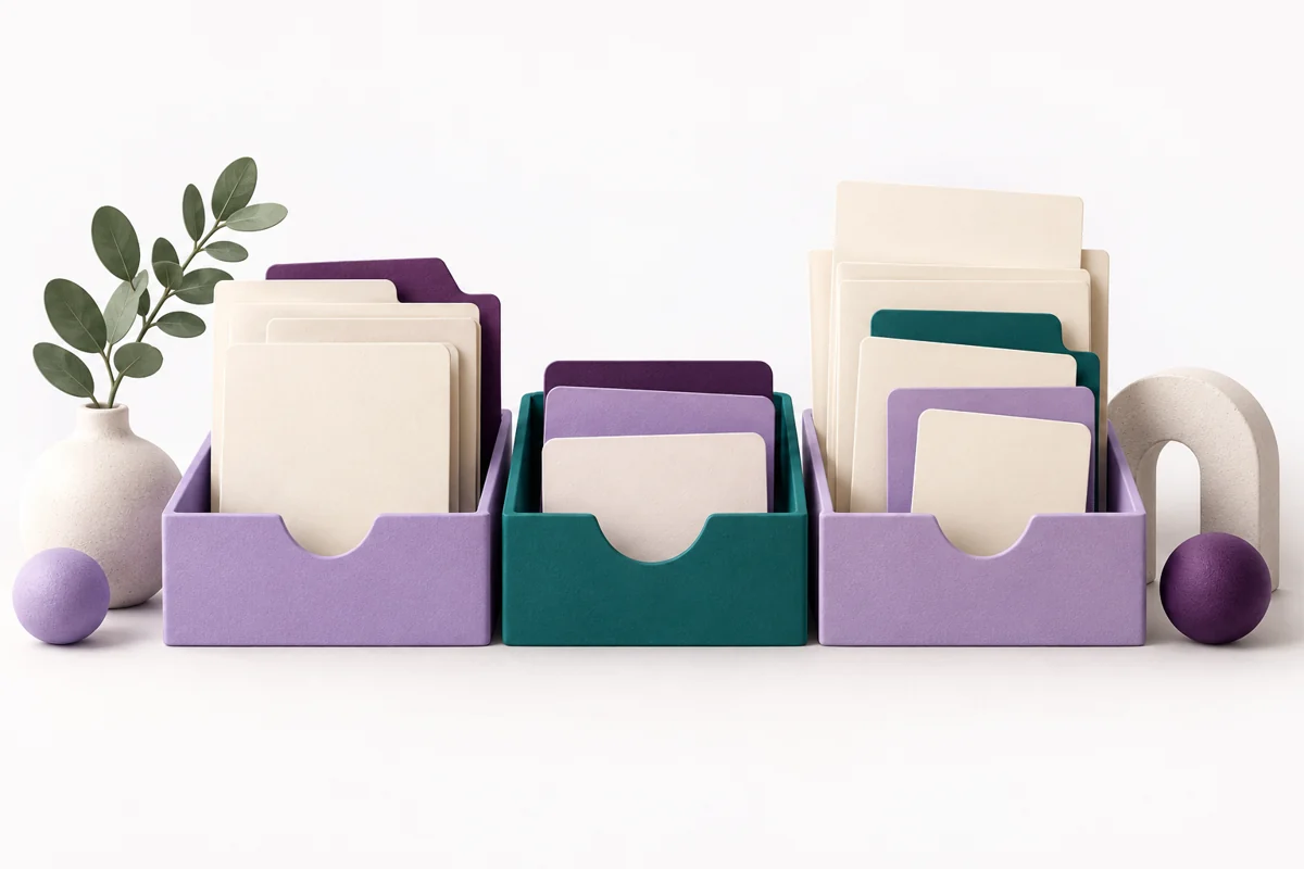 Cream documents and blank cards organized in purple and teal compartments.