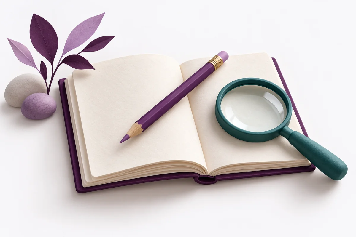A purple pencil and teal magnifying glass across an open cream manuscript.