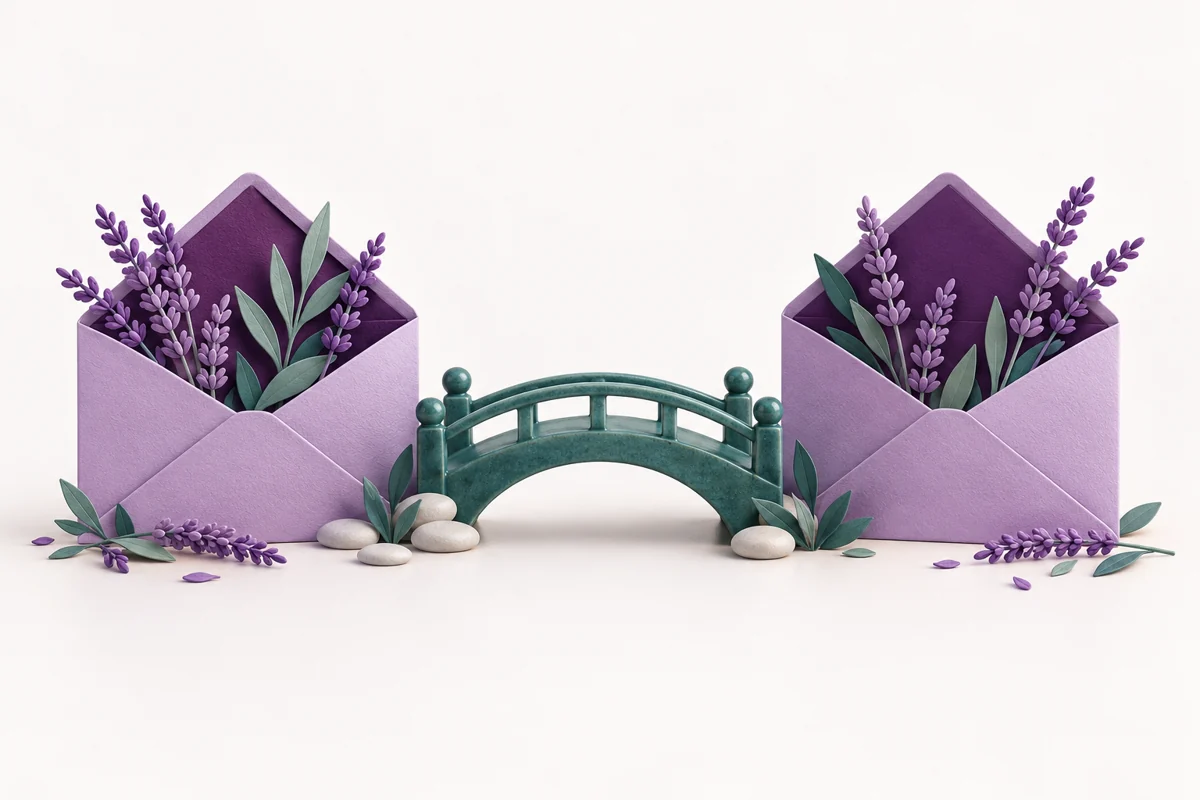 Two open lavender envelopes connected by a small teal bridge.