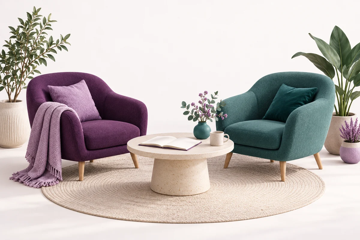 Purple and teal armchairs around a table with an open notebook.