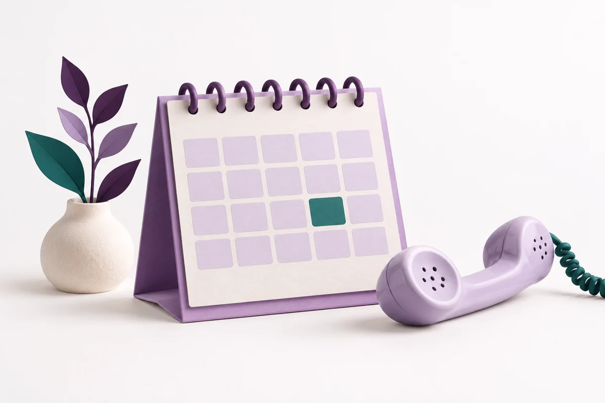 A lavender calendar with a teal square and a telephone handset.