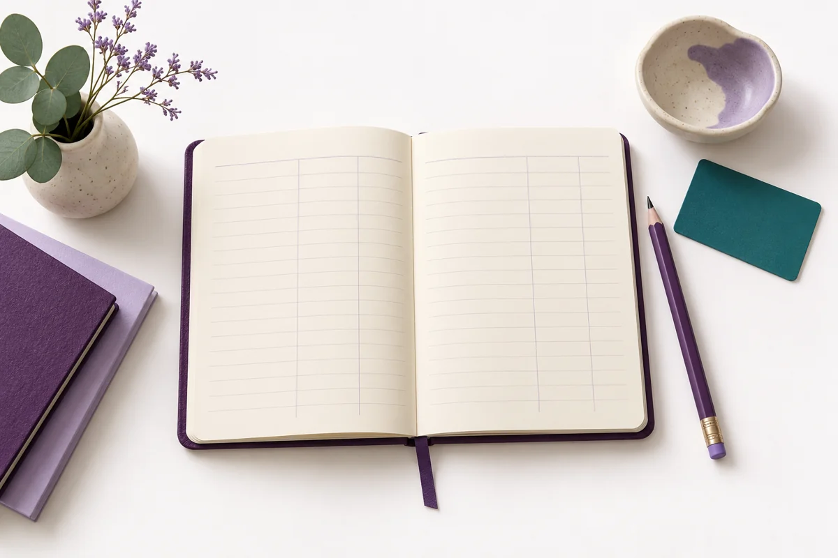 An open monthly budget notebook, purple pencil and blank teal card.