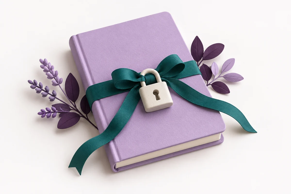 A closed lavender notebook with a teal ribbon and a small ceramic padlock.