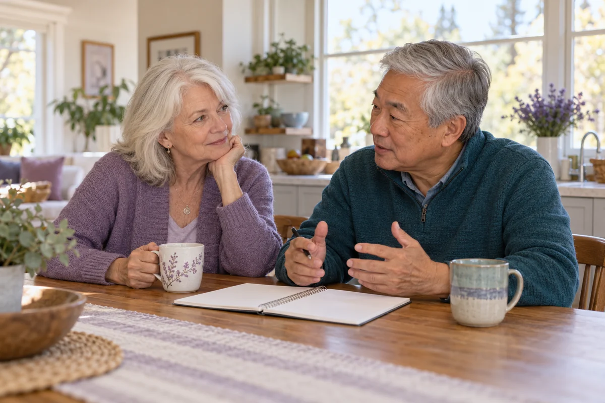 An older couple discussing household finances at their kitchen table.