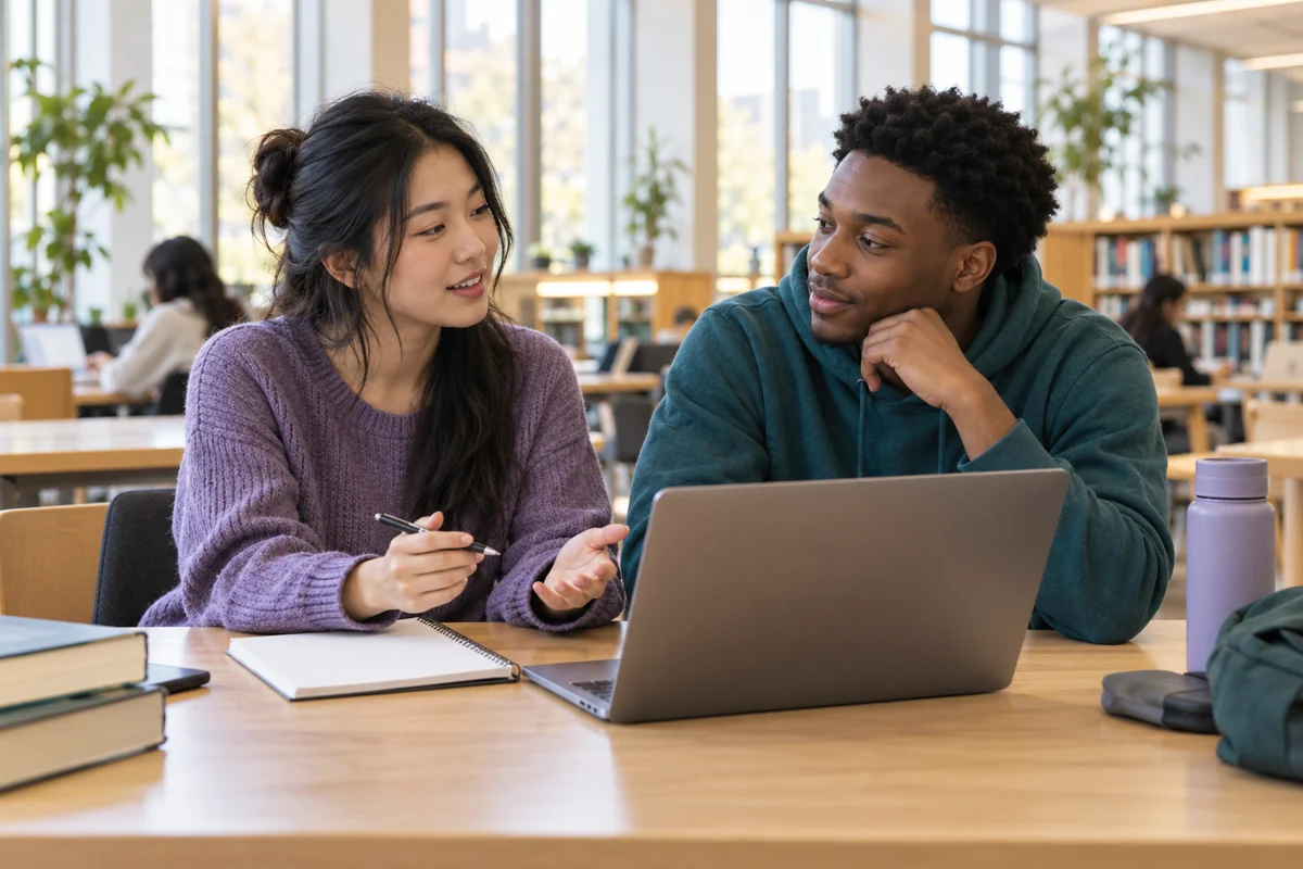 Two students discussing a notebook and laptop at a library table.