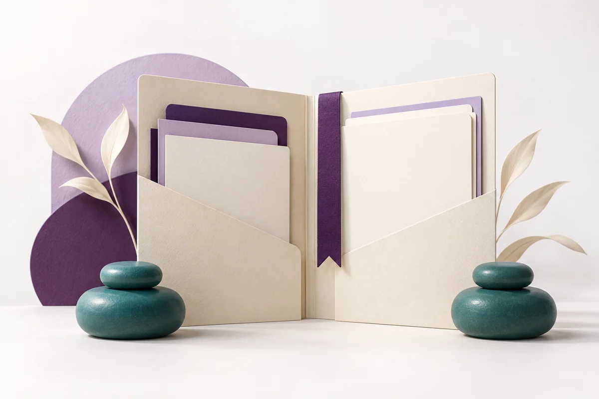 An open cream folder with a purple bookmark and teal paperweights.